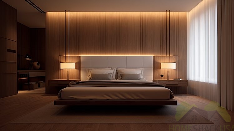 Bedroom with 2 dimmed bedside lamps and ambient lighting from the ceiling