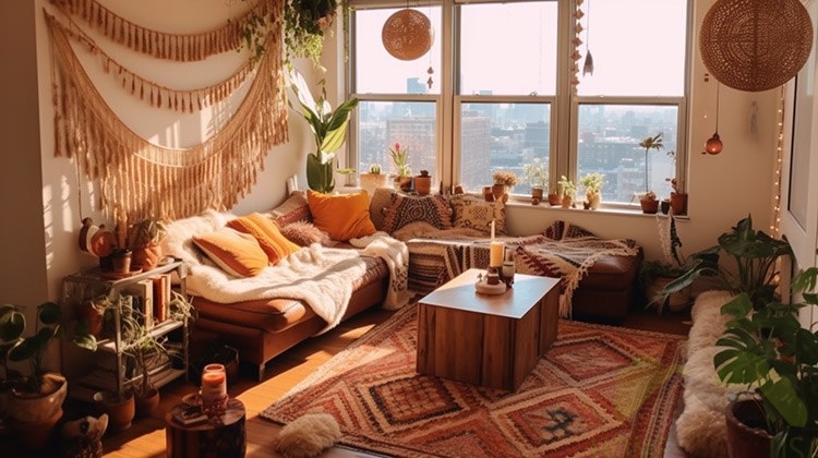 Room in bohemian style decoration with a macramé on the wall