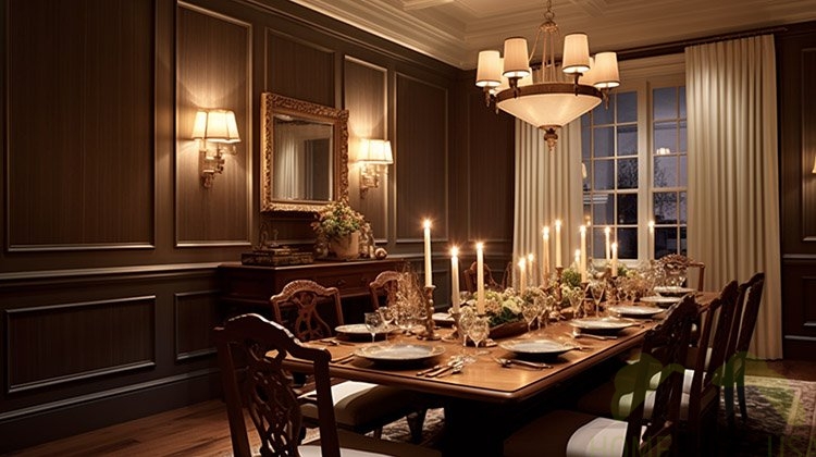 Dining room with a long table with candles, several chairs, chandelier on the ceiling 