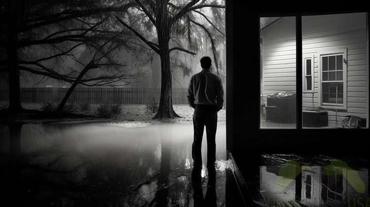 Man looking at water damage in his backyard