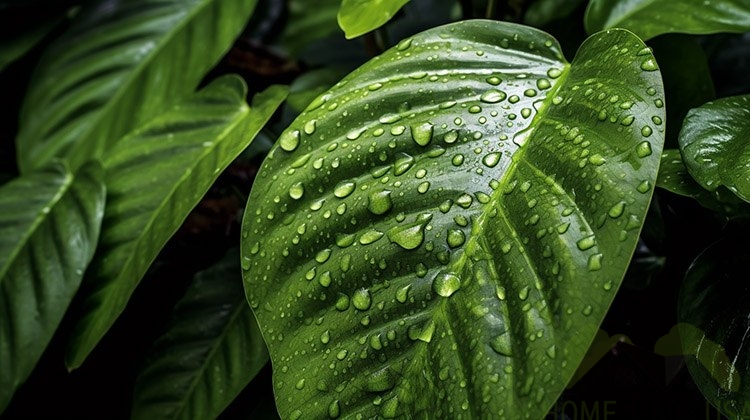 Green leaves of a tropical plants with water drops on them