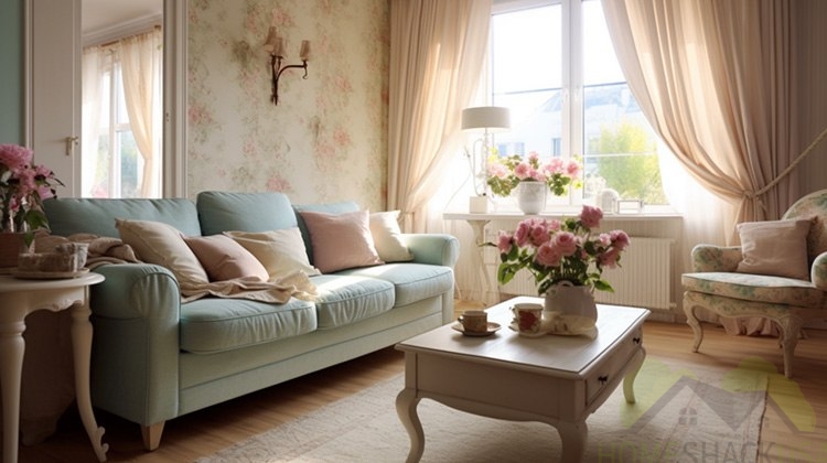 A shabby chic room, with floral motives with a couch and a table, a chandelier on the wall