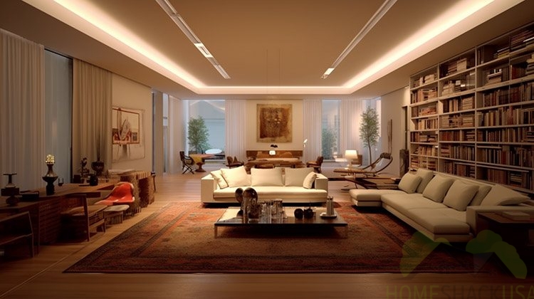 Spacious living room with a sofa, table and suspended ceiling