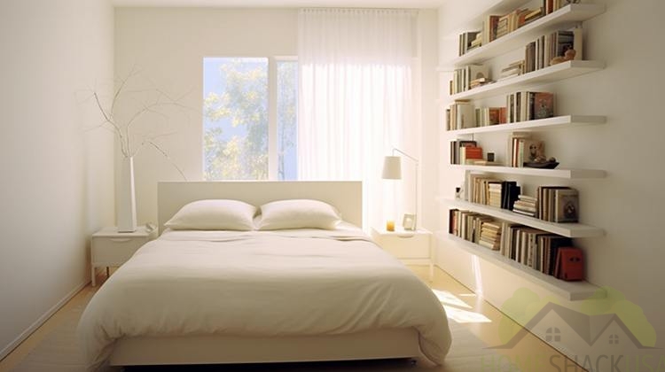 A bedroom with less furniture, with bookshelf on the right
