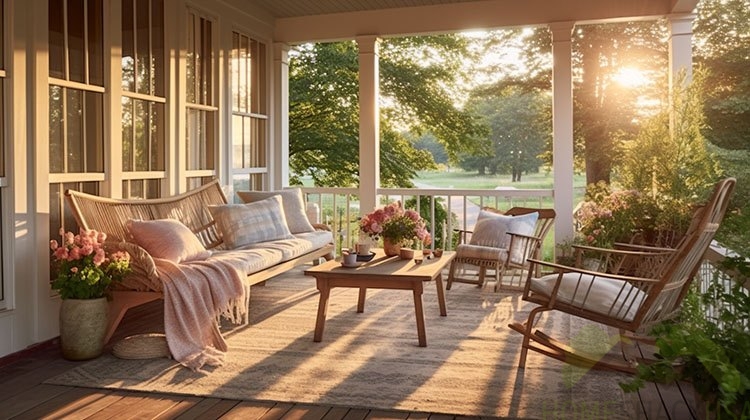 Porch decorated with flowers and a rug