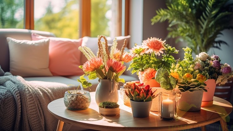 Living room with several summer flowers on the table