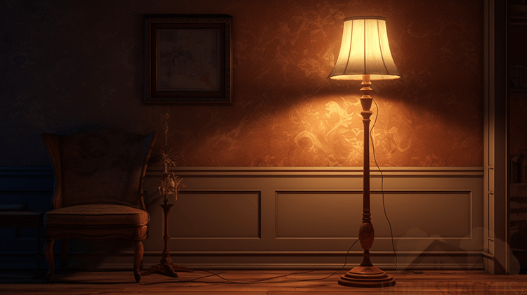 A gloomy room with a traditional floor lamp inside it