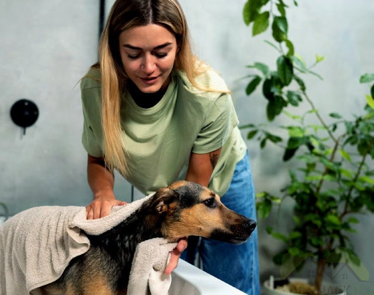 woman drying her dog